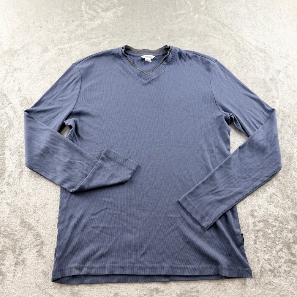 Calvin Klein Men's Small Blue Ribbed V-Neck Long Sleeve Shirt